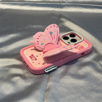 粉色蝴蝶支架适用苹果14手机壳可爱少女心硅胶肤感iphone13pro网红高