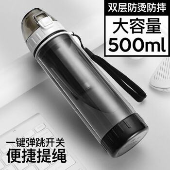 绿珠lvzhu 玻璃杯双层 防烫抗摔塑玻杯 创意便携商务大容量男女士学生 办公泡茶水杯子PB123黑色 500ml
