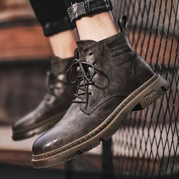 卡特(cat)红棕色马丁靴男秋季高帮复古英伦风男士工装靴子机车中帮