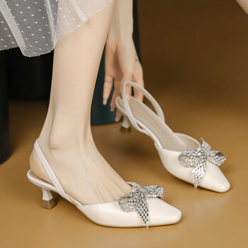 凉鞋女夏新款韩版时尚水钻蝴蝶结休闲方头细跟半拖鞋小跟单鞋白色5