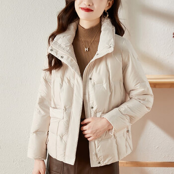 短款羽绒服女2022年新秋冬韩版小个子立领鸭绒面包服百搭休闲外套米白