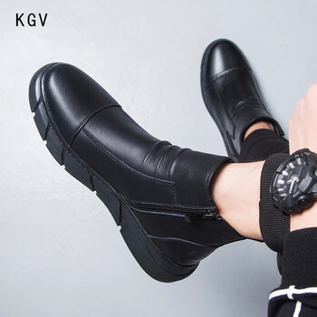 靴高帮皮鞋套脚防水透气休闲简约单鞋 黑色-加绒 40皮鞋码=41运动鞋码