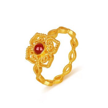 逸珀四方如意古法黄金戒指女足金999镶嵌玛瑙花丝四叶草金戒指新金重