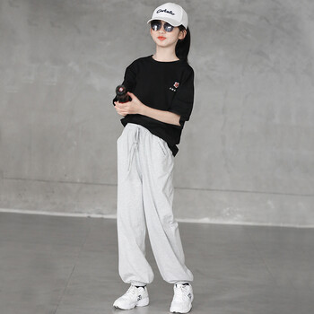 小学生衣服912岁潮流女孩夏装韩版黑色t恤灰色运动裤160cm建议身高150