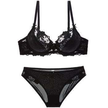 透明款透气诱惑套装女士蕾丝网纱刺绣文胸罩1710黑色34e75e配m码内裤