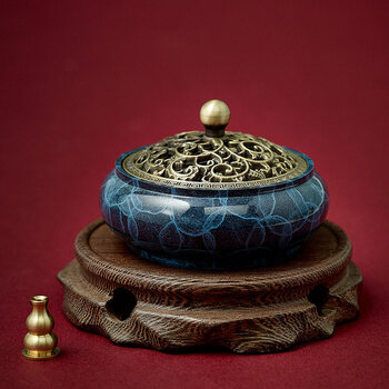 香炉纯铜家用室佛檀香盘香炉创意烧蓝冰裂纹安神沉香熏香炉平底炉带