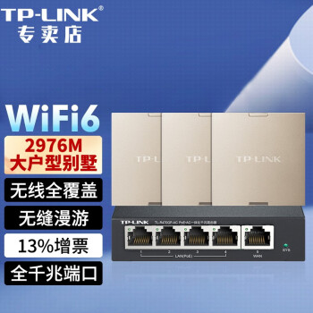 TP-LINK wifi6 无线AP面板套装 全屋WiFi AX3000M分布式覆盖别墅POE路由器 双频Wi-Fi6面板米兰金3台+5口一体化路由1台