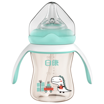 日康 奶瓶 婴儿宽口PPSU奶瓶 宝宝新生儿吸管带手柄把手奶瓶 PPSU180ML绿色