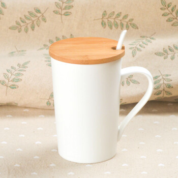 莲泽 陶瓷咖啡杯子马克杯情侣杯创意早餐杯子办公水杯带盖带勺子 纯白款带木盖送勺子