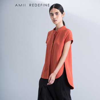 AMIIREDEFINE2015秋新品立领绣花前短后长纯棉大码衬衫女61570860 砖红 XL