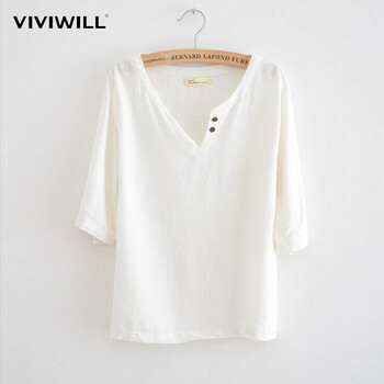 
                                        VIVIWILL 棉麻短袖T恤女夏 2017新款圆领大码宽松显瘦森女短袖上衣 白色 均码                