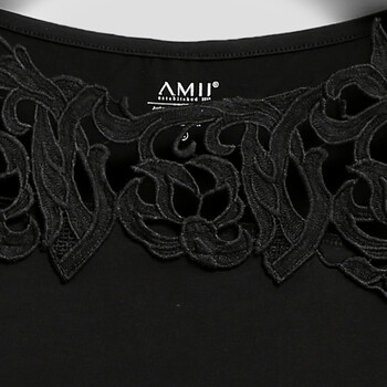 Amii【极简主义】2015夏新品大码百搭不对称拼蕾丝T恤11570437 黑色 M