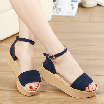 夏季新款坡跟女凉鞋 欧美高跟真皮女士鞋子松糕厚底防水台罗马凉鞋 深