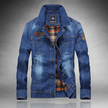 男士飞行服秋冬季男士装军装外套加绒加厚牛仔夹克衫工装潮男上衣 浅