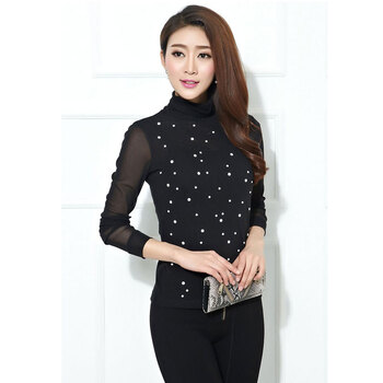 juamasszui旗舰店哥弟款正品女装2015春秋黑色高领网纱打底衫T恤 黑色圆点T恤 L(4码)