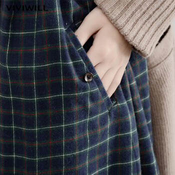 VIVIWILL 2016秋装新款纯棉印花格子半身裙休闲复古文艺显瘦百褶中长裙 女 墨绿色 均码