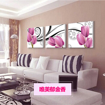 
                                                            艺轩客厅装饰画沙发背景墙现代简约卧室挂画壁画无框冰晶 三联画 郁金香 50*50/15mm布纹膜                
