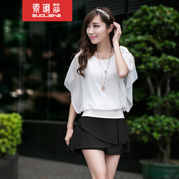
                                        索琍莎2015新款春夏季装打底雪纺衫女夏短袖显瘦T恤纯色韩版宽松大码上衣（此款不赠送项 白色 L                