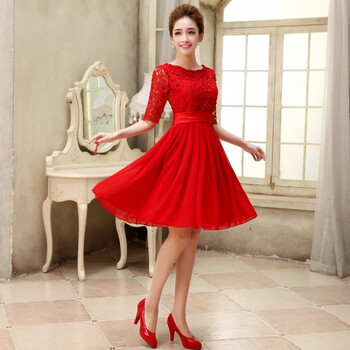 爱然鹏2016婚纱礼服新娘敬酒服红色晚礼服单肩礼服短款时尚修身包臀礼服 红色 S包退换