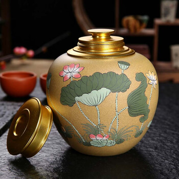 尊壶紫砂茶叶罐锡罐 手工花瓶彩绘荷花锡口罐普洱茶密封罐 段泥