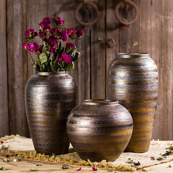 时光物语 新古典手工粗陶陶罐坛子花器落地花瓶土陶做旧仿古大型花盆
