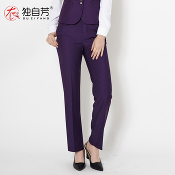 独自芳 酒店工作服工作裤空姐铁路制服紫色藏蓝色工作裤职业修身高腰长裤松紧腰西装直筒裤 紫色 XXXL