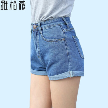 雅格薇夏新款牛仔短裤女 宽松大码阔腿胖mm翻边休闲高腰热裤306 蓝色 28码