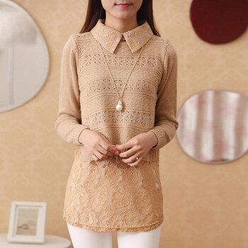 阿妮莲Q647 2015春装新款娃娃领镂空蕾丝假两件套针织衫毛衣女装 粉色