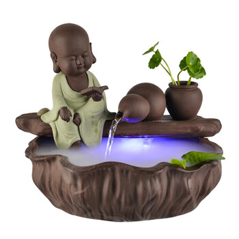 加湿器鱼池缸客厅假山风水轮创意小沙弥和尚摆件抖音 河畔悟禅雾化款