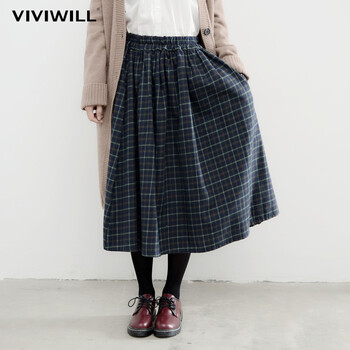 VIVIWILL 2016秋装新款纯棉印花格子半身裙休闲复古文艺显瘦百褶中长裙 女 墨绿色 均码