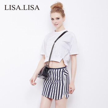 LisaLisa女装2015年夏季短款露肚脐t恤经典白色短袖T 时尚清新 白色