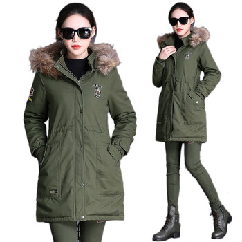 mifanxi 户外潮加厚韩版连帽大毛领迷彩保暖军装棉衣女时中长款军大衣