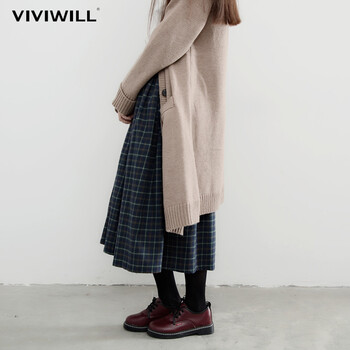 VIVIWILL 2016秋装新款纯棉印花格子半身裙休闲复古文艺显瘦百褶中长裙 女 墨绿色 均码