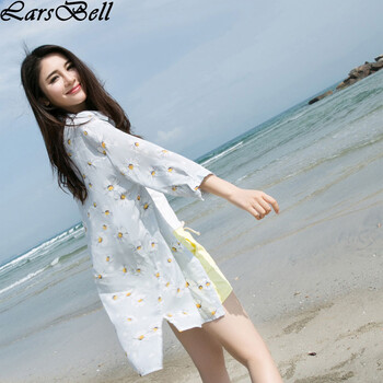 Lars  Bell2015夏季新款中长款清新防晒衫 雏菊印花雪纺开衫超薄女装 天蓝色 均码