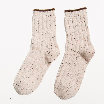 日系甜美棉晴点子撞边竖条基础中筒堆堆袜女袜复古袜子棉袜 米色 均码