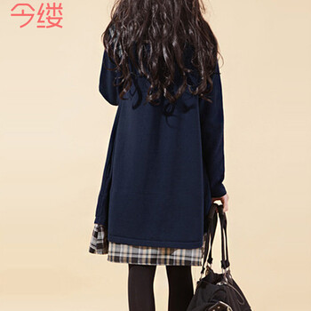 2015秋款女装衬衣领格子拼接卫衣套头大码女装长袖连衣裙9343 蓝色 XXL