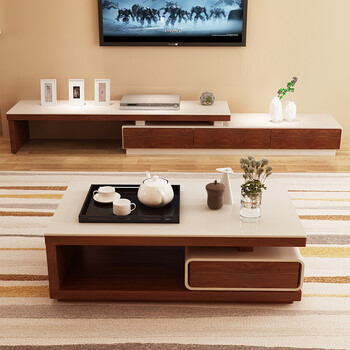 茶几 烤漆茶几桌 简约现代实木贴皮储物伸缩茶几 茶几 电视柜 一桌四