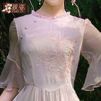 筱姿 清舞 2016春夏复古新款 女装木耳边 雪纺 绣花连衣裙长裙 浅粉 M
