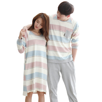 纯棉长袖睡裙2018春秋季男士女士情侣睡衣家居服可外穿全棉男生女生