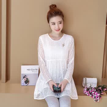 孕妇装孕妇上衣春秋蕾丝长袖圆领孕妇上装孕妇打底衣春棉双层孕妇打底
