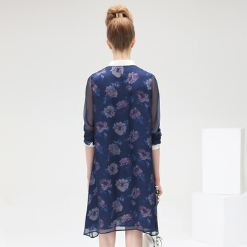 COCOBELLA 2015夏新款OL女装印花雪纺长袖OP连衣裙衬衫裙DS193 藏蓝 M