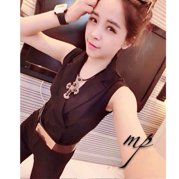 
                                                            优资缘连体裤女阔腿裤2019夏季新品气质职业长裤套装欧美风深V领修身性感无袖条纹连身裤 黑色(送腰带/送裹胸) S(80-95斤)                
