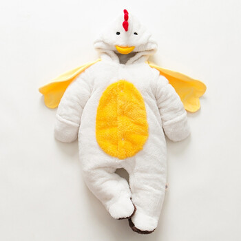 卡通连体衣动物冬季加厚保暖宝宝外出棉衣爬服包脚带帽0-3岁 白色小鸡