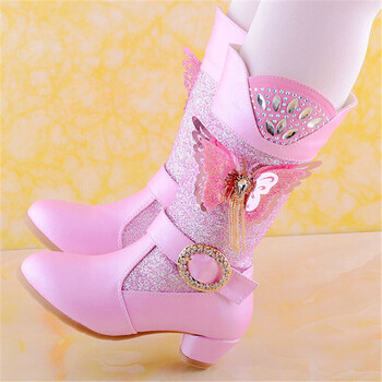 女童高跟皮靴儿童高筒长靴韩版公主棉靴小女孩水钻蝴蝶结靴子 粉色 35