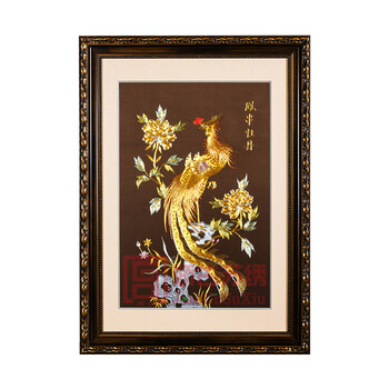 凤串牡丹装饰画手工刺绣单面绣盘金绣金箔线画墙上挂画