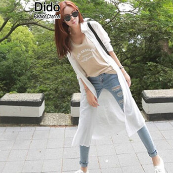 Dido夏装新款女装韩版纯色长款防晒衣女 白色 S