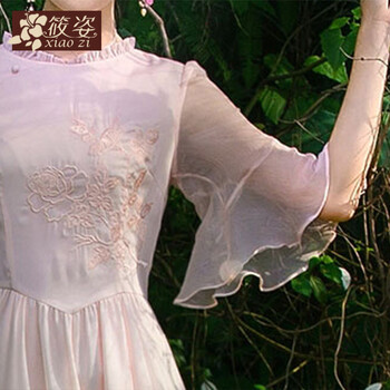筱姿 清舞 2016春夏复古新款 女装木耳边 雪纺 绣花连衣裙长裙 浅粉 M