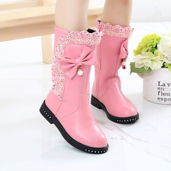 秋冬雪地靴高筒靴长靴韩版女童单靴中大童马丁靴 蝴蝶加绒靴粉色二棉