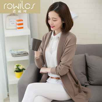 ROWILCS诺威珂女装秋季新款 中长款开衫针织衫韩版宽松口袋羊毛开衫毛衣外套 卡其色 L