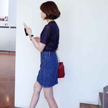 依塔索 货到付款 新款韩版牛仔a字裙高腰蓬蓬裙伞裙半身裙短裙女夏包臀裙薄 深蓝色 L